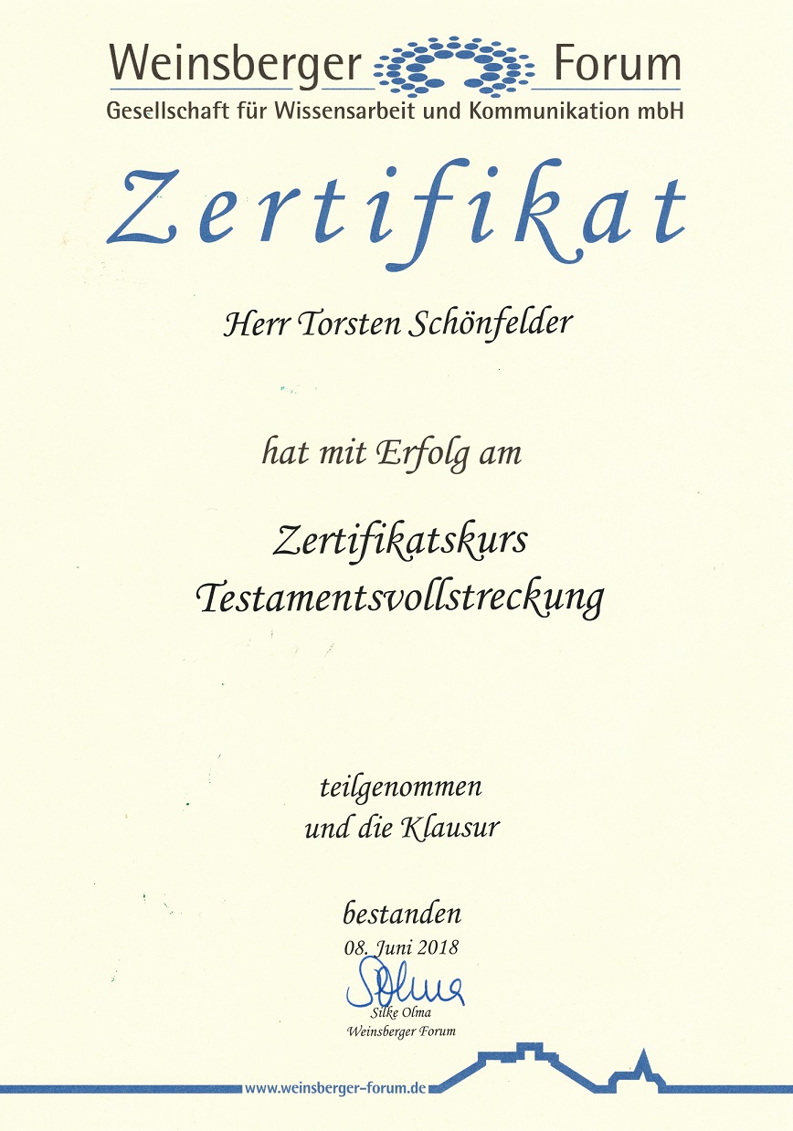 Zertifikat Testamentvollstrecker