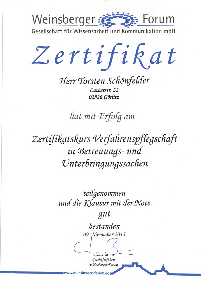 Zertifikat Verfahrenspfleger